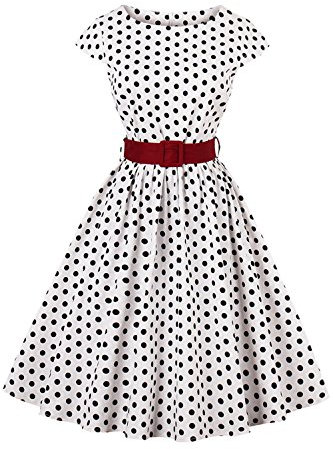 AXOE Femme Robe Vintage Années 50 Tissu Coton Respirant Coupe A-Line Ceinture Amovible Col Bateau Blanche à Pois Noir, Taille 46, XXL