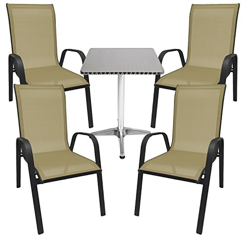 Mojawo® Bistrogarnitur Bistroset 5-teilig Bistrotisch Aluminium 60 x 60 cm H70/110cm Höhenverstellbar + 4 Stapelsessel Textilen Anthrazit/Beige
