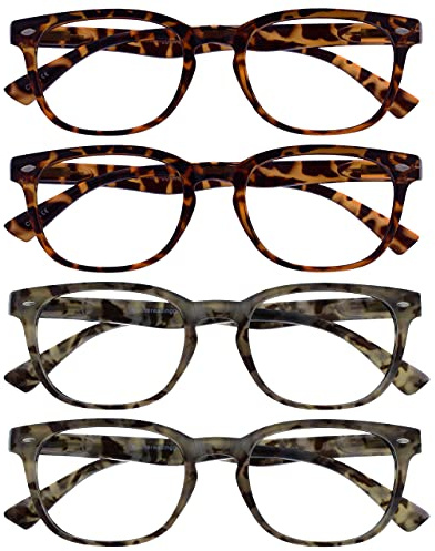 OPULIZE ORA Reading Glasses for Men Women - 4 Pack - Designer Style Rounded Frame - Scratch Resistant Lens - Spring Hinges - 2 Brown & Grey Tortoiseshell +2.50