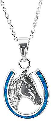 Kiara Jewellery Halskette mit Hufeisen Pferdekopf-Anhänger, 925 Sterlingsilber, blauer Labopal, Kettenlänge 45,7 cm Rhodiniert.
