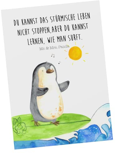 Mr. & Mrs. Panda Postkarte Pinguin Surfer - Geschenk, Wellen, Ansichtskarte, Einladung, Urlaub, Hawaii, Dankeskarte, Ansichtskarten, Grußkarte,