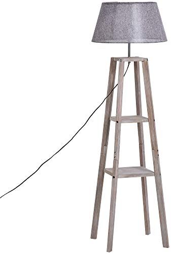 HOMCOM Stehlampe mit Regal, Skandinavische Standleuchte, Lampe, Leinen, Kiefernholz, Natur, Grau, 45 x 45 x 148 cm