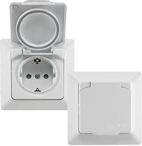 Milos Steckdose für Aussen IP44 Aussensteckdose mit Klapp-Deckel 2Stück Schutzkontakt-Steckdose mit Gummidichtung 230V / 16A 1-Fach Rahmen Unterputz Einbau Weiß Matt
