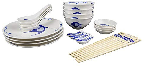 Cameo, Koi Fisch Dinner-Set 24-Teilig, Porzellan, u.a. Teller, Suppenschalen, Stäbchen, Stäbchenbänkchen, B32 x T25,5 x H9cm