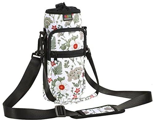 Nuovoware Water Bottle Carrier Bag, 750ml Bottle Pouch Holder, Adjustable Shoulder Hand Strap 2 Pocket Sling Neoprene Sleeve Sports Accessories for Gym Hiking Travel, White Hibiscus