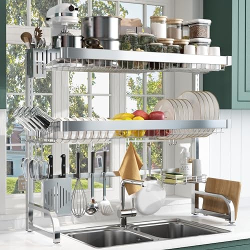 Over Sink Drainer Rack, Adjustable (25.6-35.5) 3 Tier Over The Sink Dish Drying Rack, Full 304 Stainless Steel Dish Drainer with Utensil Holder and 10 Hooks