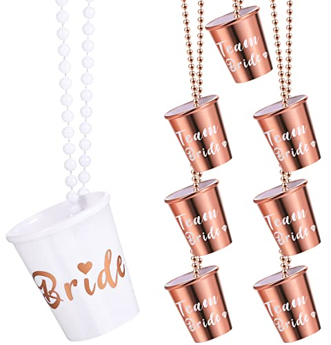 Boao 8 Pieces Bride Shot Necklace Glass, Bachelorette Shot Glass Necklace with Gold Foil for Wedding Bachelor Party and Bridal Shower Decorations(Rose Gold)