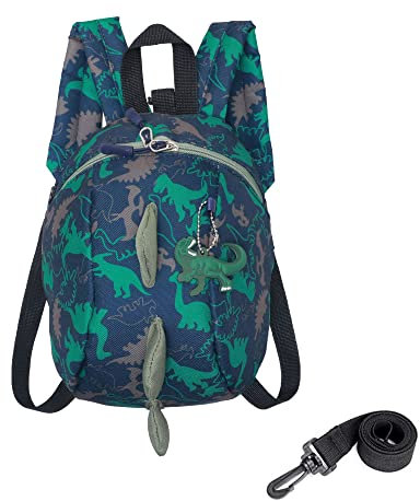 TOPWAYS Kids Dinosaur Backpack Boys Girls Toddler Rucksack, Cartoon Safety Anti-Lost Strap Rucksack with Reins, for 1-3 Years Old Toddler (Blue)