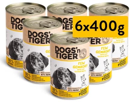 Dogs’n Tiger Junior, Welpen Premium Nassfutter für Hunde, Fein Gemacht, Rezeptur mit 67% Fleischanteil an Huhn mit Süßkartoffel, ohne Getreide, Zucker & künstlichne Aromen, 6X 400g