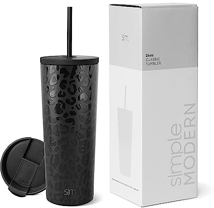 Simple Modern Isolierter Becher mit Strohhalm und Deckel | EiskaffeeBecher Wiederverwendbare EdelstahlWasserflasche Thermobecher | Classic Sammlung | 710ml | Black Leopard