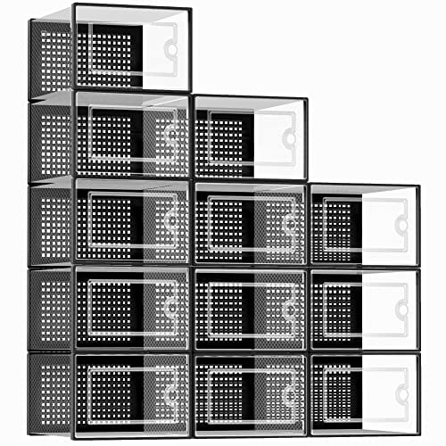 Kuject Large Shoe Boxes, Clear Stackable Shoes Storage Organiser, Fit Size 12, Plastic Sneakers Containers, Great Substitute for Shoe Rack, Space Saving for Entryway, Closet, Black, 12 Pack