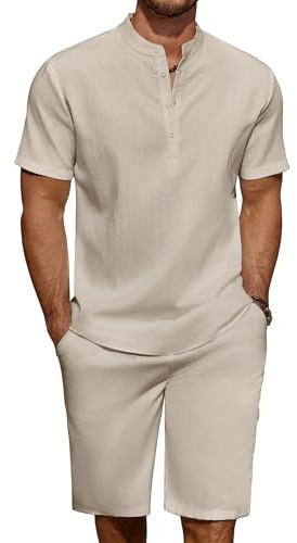 COOFANDY Men's 2 Pieces Linen Set Casual Henley Shirts Short Sleeve Beach Yoga Shorts Summer Pants Outfits