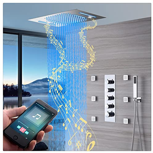PINCHU Sistema Doccia Musicale con LED, Kit Doccia Incasso con Soffione Doccia A Pioggia, Doccetta, Set Doccia Completo Idromassaggio, Set Doccia con Soffitto 58X38 CM, 4 Funzioni,Cromo