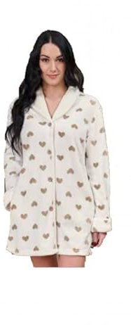 LINCLALOR Vestaglia donna in coral di pile con bottoni stampa cuori art. 88594-44, Avorio