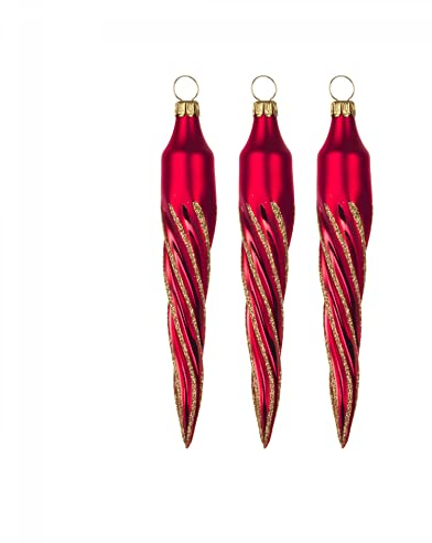 Rudolphs Schatzkiste Thüringer Christbaumschmuck Eiszapfen rot-matt Goldglimmer (3) Höhe 13cm NEU Baumbehang Weihnachtsbaum
