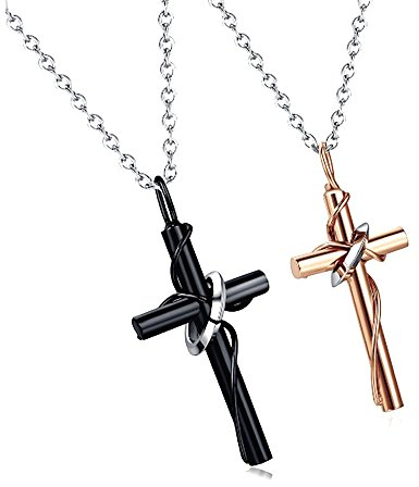 KIM JOHANSON® Edelstahl Pärchen Halsketten *Cross* in Silber, Roségold & Schwarz | Schmuck mit Kreuz & Ring | Paar Ketten | Geschenk für Paare | Wasserfest | BFF | Verstellbar inkl. Schmuckbeutel
