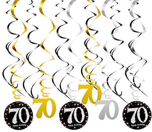 70. Geburtstag Deko Spiralen Set, Silber Schwarz Gold 70 Party Swirl Geburtstag Dekorationen, Folie Decke Hängend Wirbel Dekoration, für Frau Mann Jahrestag Hochzeit Partydeko,18 Stücke (70)