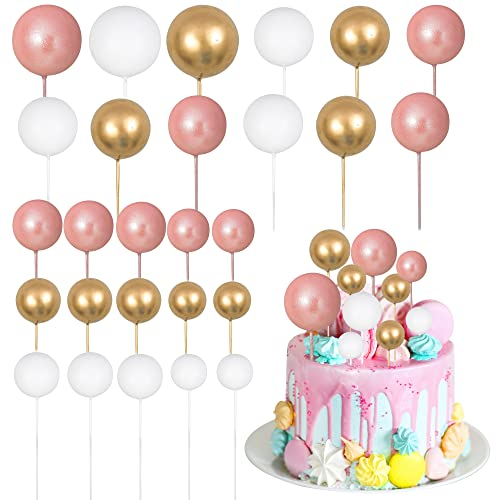 Gyufise 30Pcs Balls Cake Topper Mini Balloons Cake Toppers Foam Ball Cake Decorations Balloon Cake Topper Ball Shaped Cake Insert Topper for Birthday Party Baby Shower Decor Rose Gold White Gold