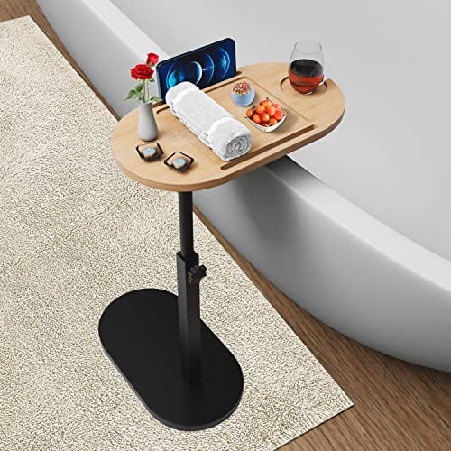 Mesa de bambú para bañera con Base Resistente y Soporte de Metal Grueso, Altura Ajustable, Accesorios bañera de baño, Escritorio Auxiliar de Cama, Mesa Auxiliar de sofá, Regalo para