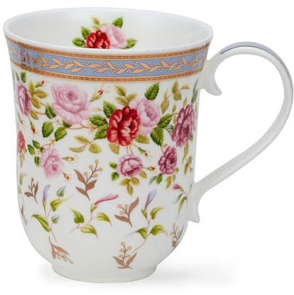 Dunoon Braemar Tasse en porcelaine anglaise Motif floral Rose ou rose avec détails dorés Bleu 0,33 l