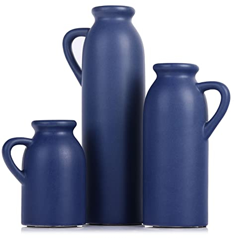 Set di 3 vasi a brocca in ceramica blu - Vasi centrotavola blu navy per fiori per casa, cucina, soggiorno, decorazioni per la tavola, accenti per ufficio e sala da pranzo, vaso blu per decorazioni