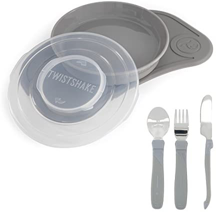 Twistshake Set De Vajilla Para Bebe Mini + Cubiertos | Plato De Succión + Mantel Individual (31x17cm) + Cubiertos De Acero Inoxidable 12m+ | Plato De Entrenamiento Para La Alimentación | Gris
