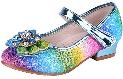 AQIYI Girls Princess Shoes Toddlers Sequin Sweet Bows Sandals Little Girls Party Pumps Sparkle Wedding Dress Shoes(9UK/Label Size28,Multicolor Blue