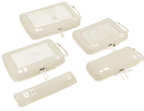 ECOHUB 5 Teilige Kompression Koffer Organizer Set für Rucksack Compression Packing Cubes Packwürfel Kofferorganizer Packtaschen Kleidertaschen für Koffer Reiseorganizer(Beige)