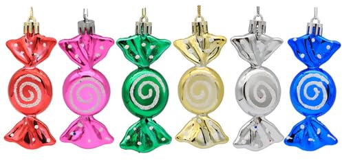 6 PCS Christmas Candy Ornaments - Glitter Cane Tree Hanging Baubles 10CM Mini Sweet Shaped, Colored