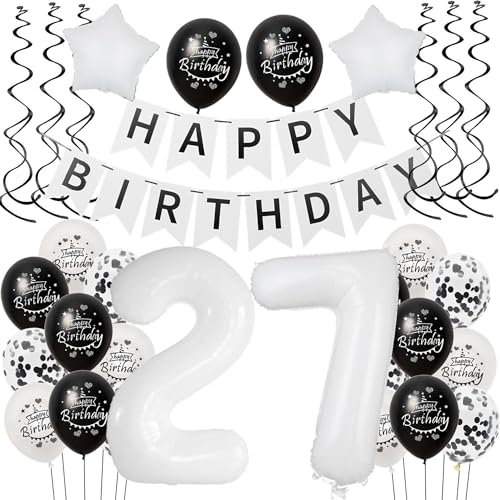 Luftballon 27. Geburtstag Schwarz Weiß, Deko für Mann und Frau, Riesen Folienballon Happy Birthday, Tortendeko