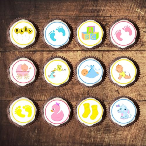 PRECUT Baby Shower Cupcake Toppers, Gender Reveal Cake Topper, Pastel Edible Cupcake Toppers, Babies Pink and Blue Decorations for Cookies, Boy or Girl Cake-Topper (Pack of 24-3cm Discs)