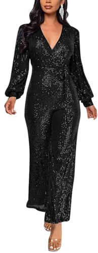 ORANDESIGNE Damen Pailletten Overall Langarm V-Ausschnitt Glitzer Strampler Lockere Hose Party Clubwear Einteiler Lang Abend Jumpsuit Elegant Playsuit Romper Hosenanzug mit Gürtel A Schwarz L