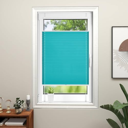 Plissee Ohne Bohren Verdunkelung 30 x 30 cm Einfache Montage, Pflegeleicht Plissee Rollo Klemm Plissee 2 Bedienschienen aus Aluminium für Schlafzimmer, Blau