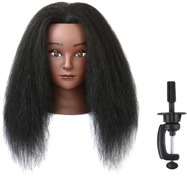 Afro Training Mannequin Head 100% Real Hair Manikin Practice Styling Head Cosmetology Doll Head for Braiding with Wig Clamp Stand (14 Inches Black)