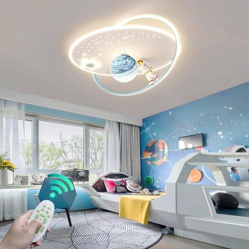 WOQuju Dimmbare LED-Deckenleuchte Kinderzimmer Mit Fernbedienung Pendelleuchte Modern Mond Stern Astronaut Mädchen Junge Zimmer Led Deckenlampe