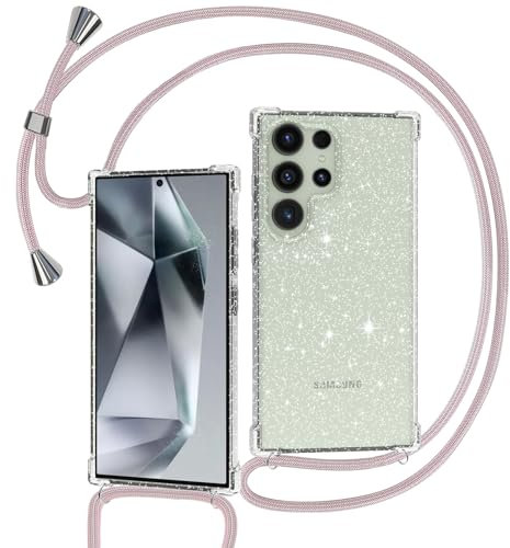 Tikgue Coque pour Samsung Galaxy S24 Ultra avec Cordon, Collier Coque Glitter Transparent Paillettes Etui TPU Bumper Silicone Case avec Chaîne Lanière Housse - Or Rose