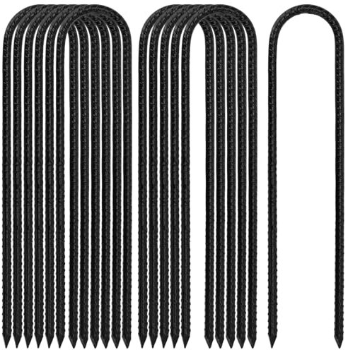 ZEONHAK 12 PCS 12 Inch Black Ground Rebar Stakes, U Shape Galvanized Tent Pegs, Trampoline Anchor Ground Pegs Garden Staples Stakes for Camping Tents Trampoline