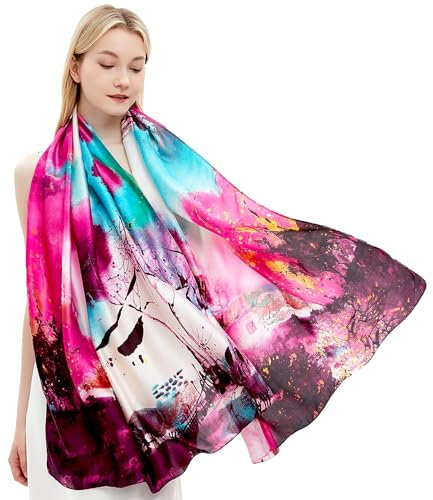 Sciarpa di seta per le donne alla moda lunga in raso leggero grande scialle avvolgente stampa floreale sonno 178,8 x 89,6 cm, 205-Fucsia, 70x35 inch/180x90cm