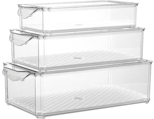 NANLIUJING Kühlschrank Organizer Set - 3er Set (3 Größe) Stapelbar Kühlschrank Behälter, Küchen Organizer für Speisekammer, Gefrierschrank, Schrank, Schublade, Büro - BPA-frei