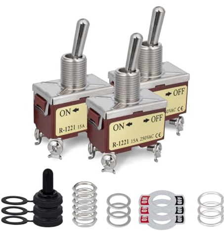 Innfeeltech 3 Pz Interruttore a leva, 15A 250V 20A 125V, 1221 DPST, 4 Terminali, On/Off Interruttore a bilanciere ad alte prestazioni in metallo a 2 posizioni con 3 tappi impermeabili