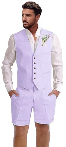 Dsteng Mens Linen Suit 2 Piece Short Suits for Men Casual Summer Beach Wedding Suit Linen Vest Shorts Set