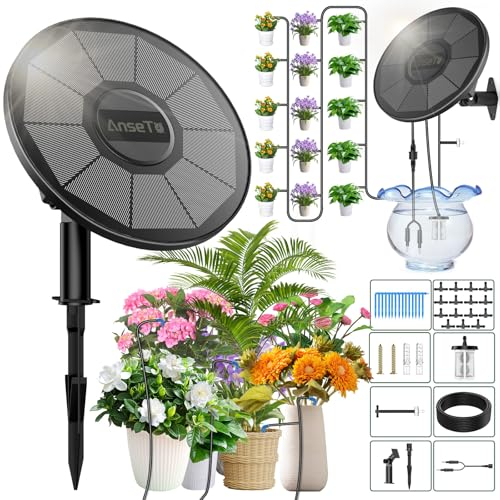 AnseTo Sistema di Irrigazione Solare Centralina di Irrigazione Integrata con Batteria da 2200 mAh, Kit di Irrigazione Solare Sistema di Irrigazione Automatico per Vaso, Giardini, Balconi, Serre