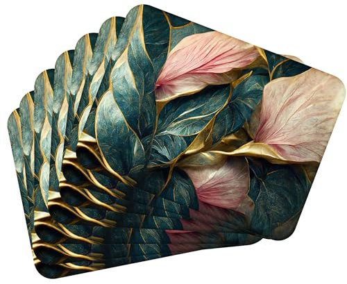 MG Design Set di 6 tovagliette in sughero – Leaves with gold 1 – 30 × 40 cm – resistenti al calore, antiscivolo e facili da pulire, con base in sughero naturale