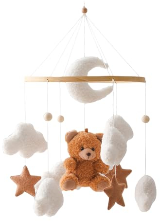 Uixxducc Mobile Baby Windspiele, Babybett Mobile 3D Bär Hase Kaninchen Wolken, Kinderzimmer Hängende Bettglocke, Neugeborenen Geschenk für Baby Jungen und Mädchen (Braun Bär)