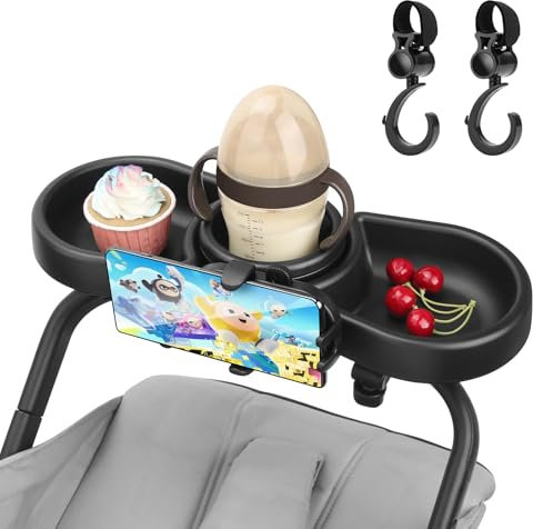 4 in 1 Pram Cup Holder Universal, MYPIN Pram Snack Tray, Removable Stroller Cup Holder, Stroller Snack Tray, Pushchair Cup Holder with Snack Tray, Phone Holder, 360 Degree Rotation for Pram, Pushchair
