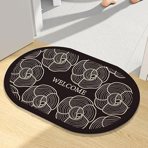 Badezimmerteppich 50X80Cm Schwarze Blumen Badteppich rutschfest Waschbar,Duschvorleger Schnelltrocknend,Stein Badematte,Diatomite Stone Bath Mat,Super Absorbierende Badvorleger