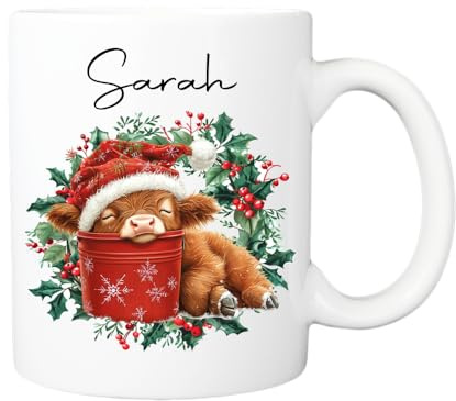 Highland Cow Personalised Christmas Coffee Mug - Cute Cow Gifts, Name Mug, Xmas & Birthday Present