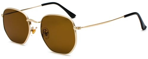 RUNHUIS Retro Polygon Sonnenbrille für Damen und Herren, Modische Quadratische Brille, Ultraleichter Metallrahmen (Gold/Gelbbraun)