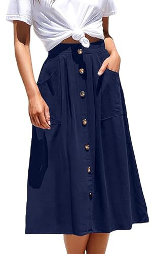 Basicspace Femmes Couleur unie Légèrement Plissée A-ligne Jupe Midi Poche Bouton Décontracté Demi-Corps Jupe, bleu, M