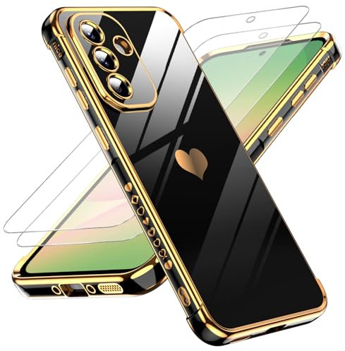 LeYi Handyhülle für Samsung Galaxy A56 5G Hülle mit 2*Schutzfolie, Cute Herz Muster TPU Silikon Galvanik Stoßfest Schutzhülle Cover Case, Kameraschutz Kratzfest für Samsung A 56 Schwarz